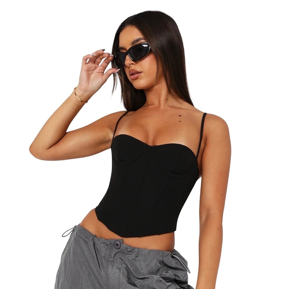 White Fox Black Bustier Corset Top Underwire Boning Cropped Adjustable Straps M